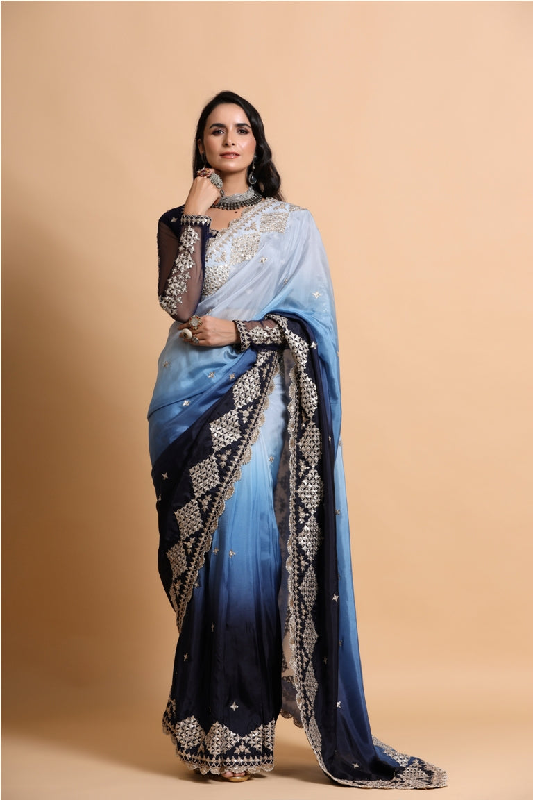 Blue Ombre Solid Silk Blend Saree With Unstitched Blouse Piece