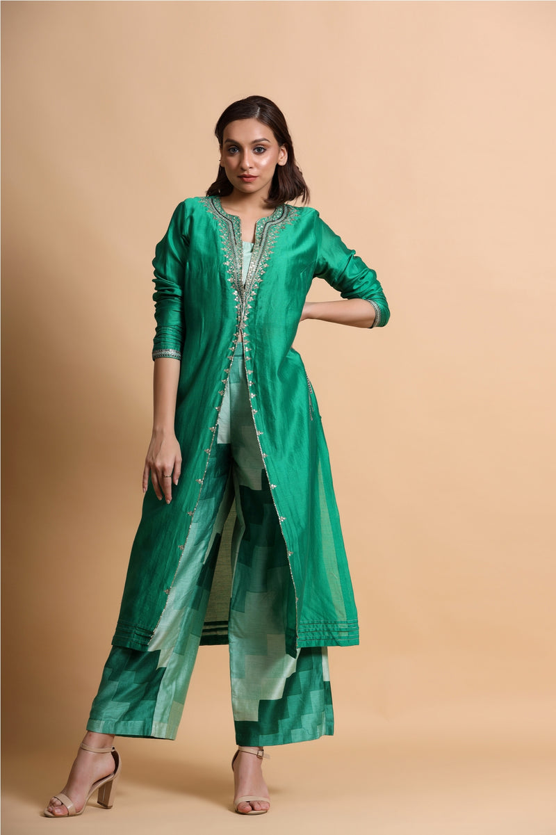 Green chanderi  jacket with abstract crop top and culottes