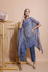 Indigo Blue Printed Cape with Pants and inner-Indo Western-Pallavi Jaipur