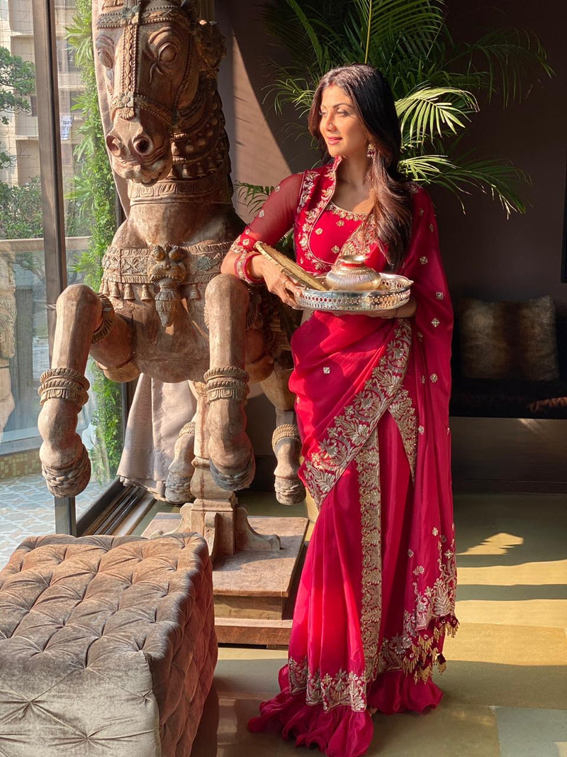 Shilpa Shetty in Red Silk Embroidered Saree
