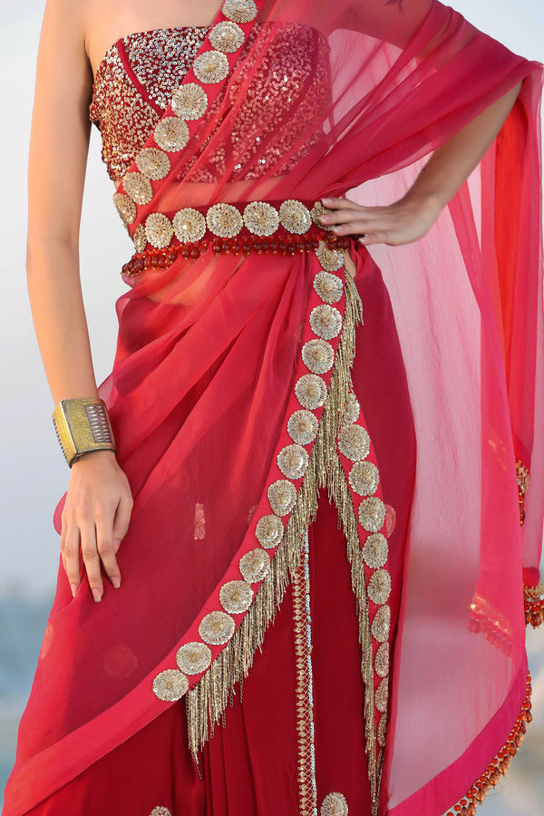 Ameera Rasp-Red Fusion Saree With Sitara Corset Set