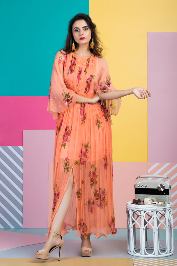 Peach Printed Kimono Maxi Dress-Indo Western-Pallavi Jaipur