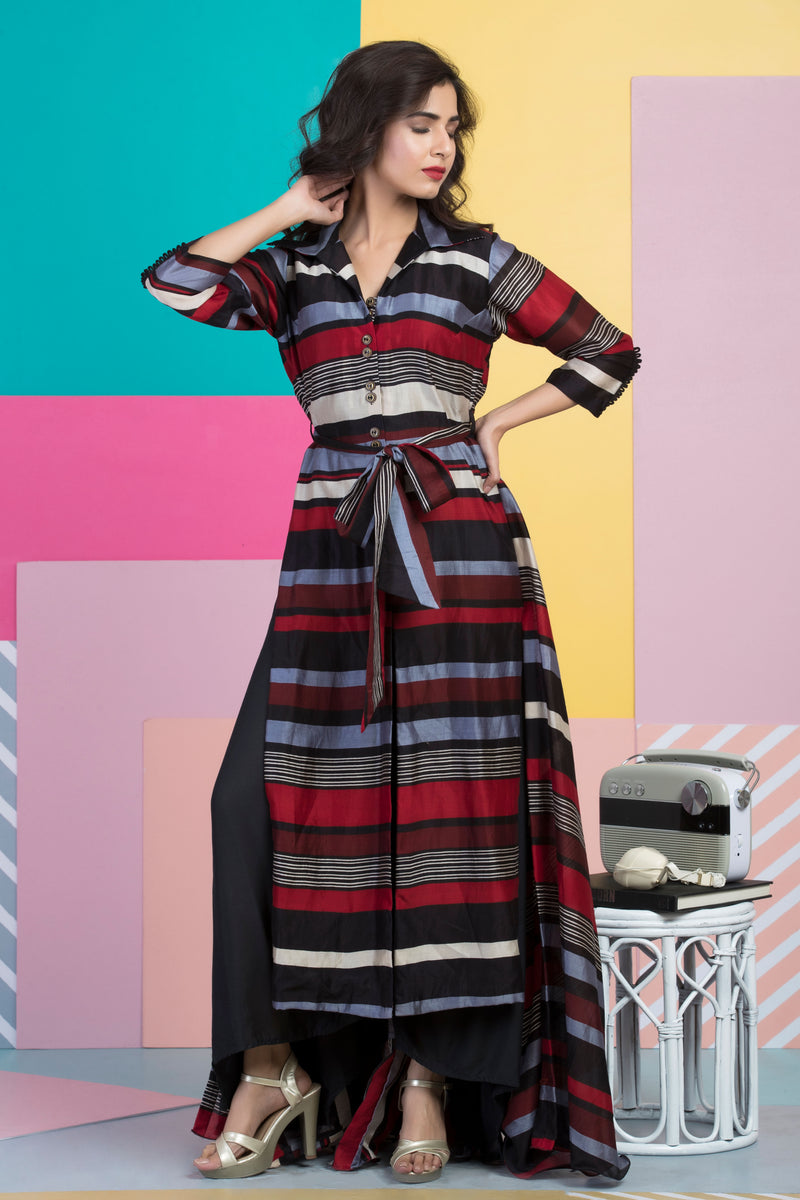 Striped Long Jacket with Black Culottes-Indo Western-Pallavi Jaipur