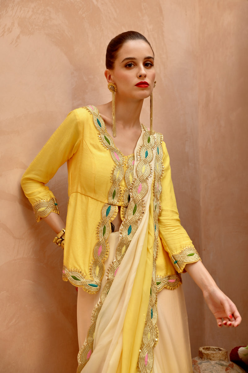Butterscotch yellow ombre saree with kurti blouse.