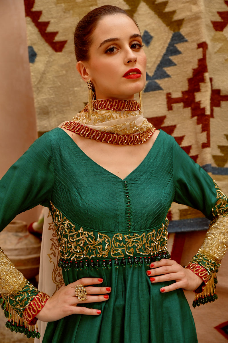 Emerald Green anarkali, pants and dupatta set Pallavi Jaipur Emerald Green anarkali, pants and dupatta set Pallavi Jaipur