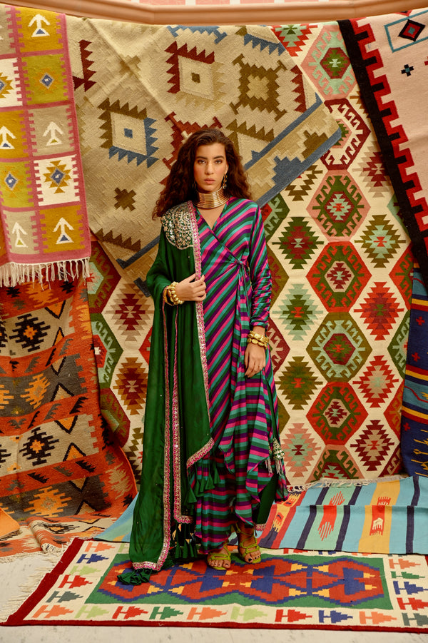 Multi colour Indi-leheriya Wrap Angrakha Set