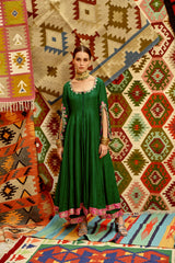 Emerald green Slit sleeve Anarkali set with Multi colour Indi-leheriya  Dupatta