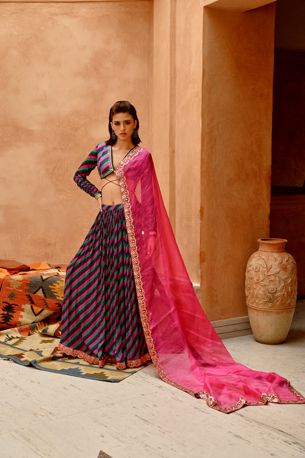 Multi-colour indi-leheriya choli blouse with ruched lehenga and dupatta set