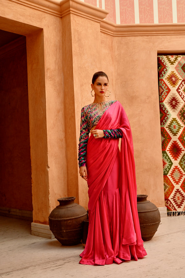 Hot Pink drape saree with 'QUEEN' blouse