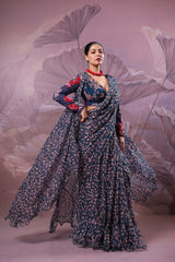 The prussian blue calcutta jhilmil saree with Cape