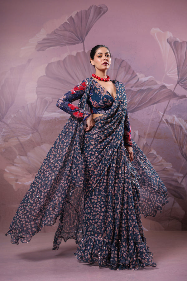 The prussian blue calcutta jhilmil saree with Cape