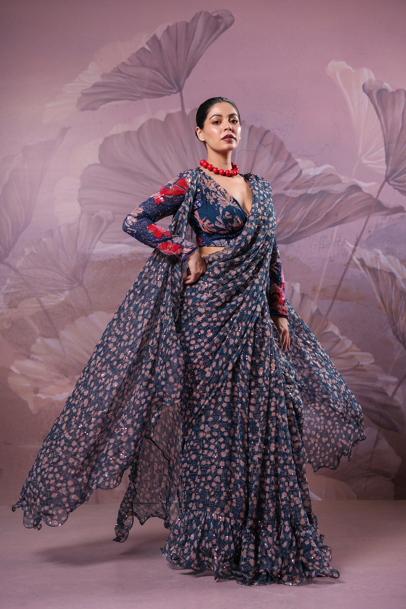 The prussian blue calcutta jhilmil saree with Cape
