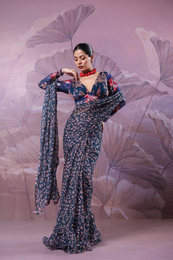 The prussian blue calcutta Jhilmil saree