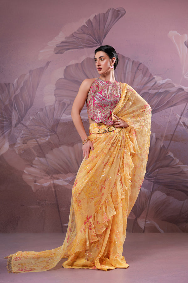 The alipore jhilmil saree set in butter yellow