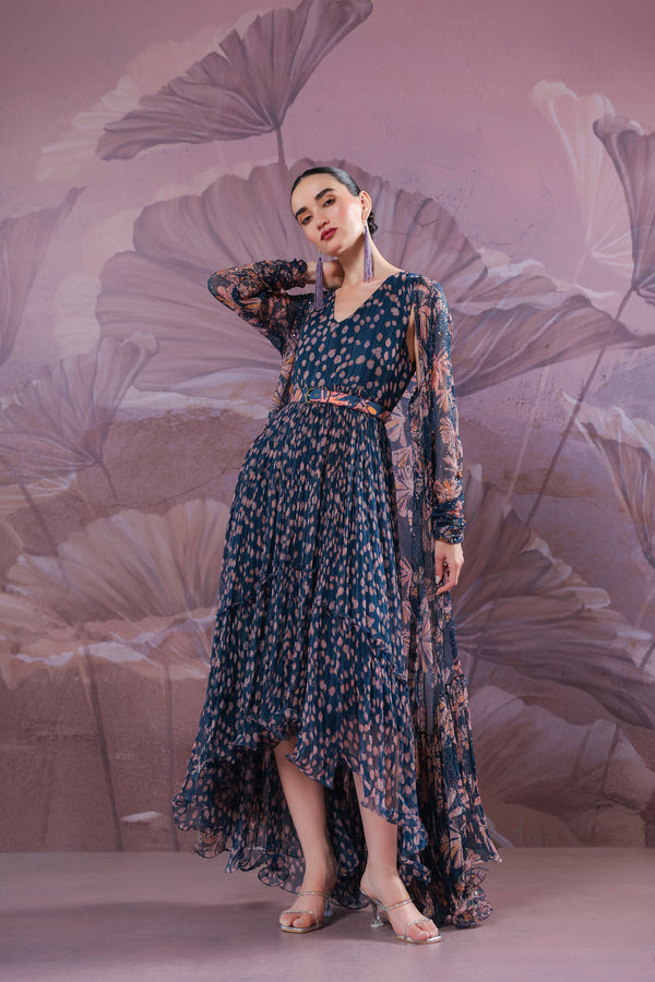 Prussiam Blue park-street jhilmil cape with tier dress