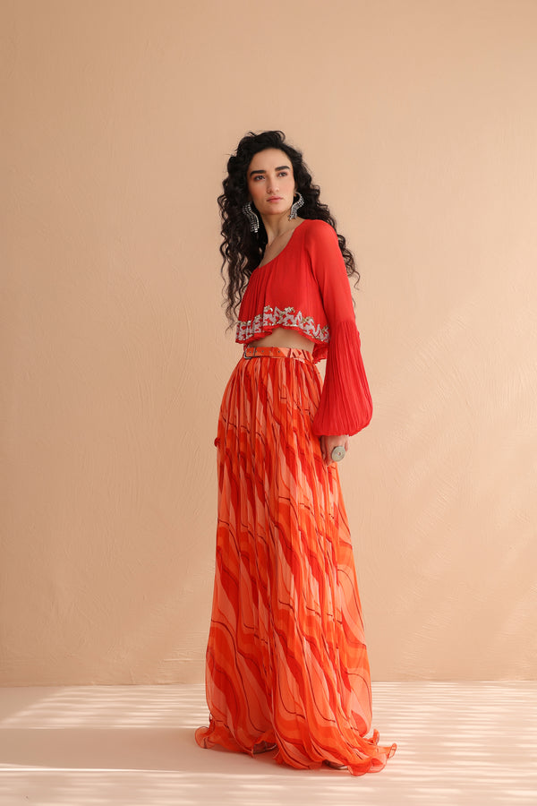 Coral Collar Boho Top with  Lehar Print Skirt Set