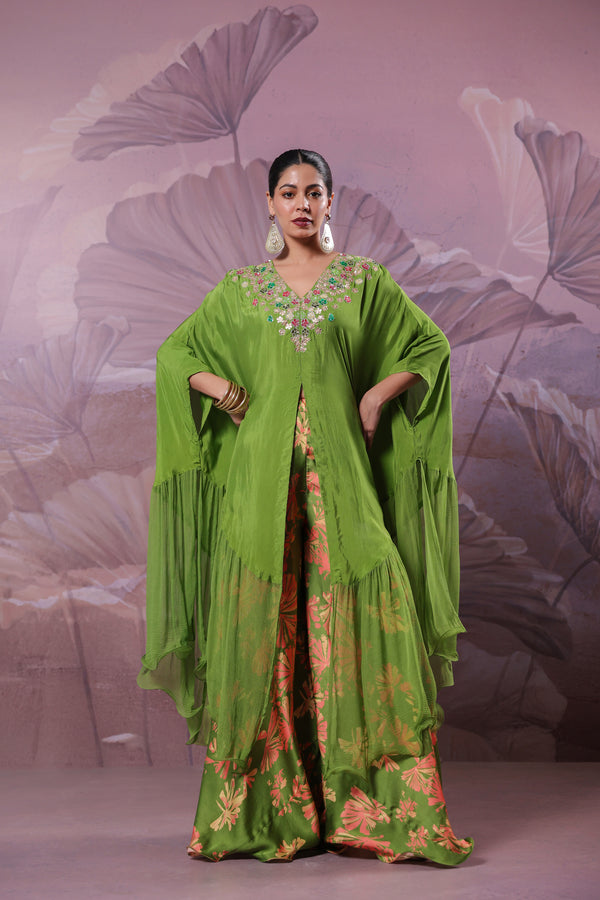 The Avacado Green Chakarborty gotaphool kaftaan set