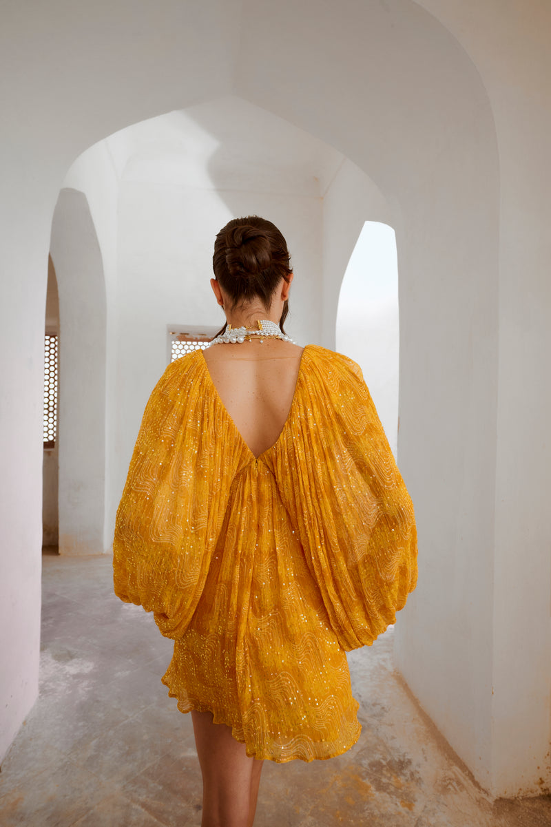 Gulbahar Marigold Yellow jugnu mini dress – Pallavi Jaipur