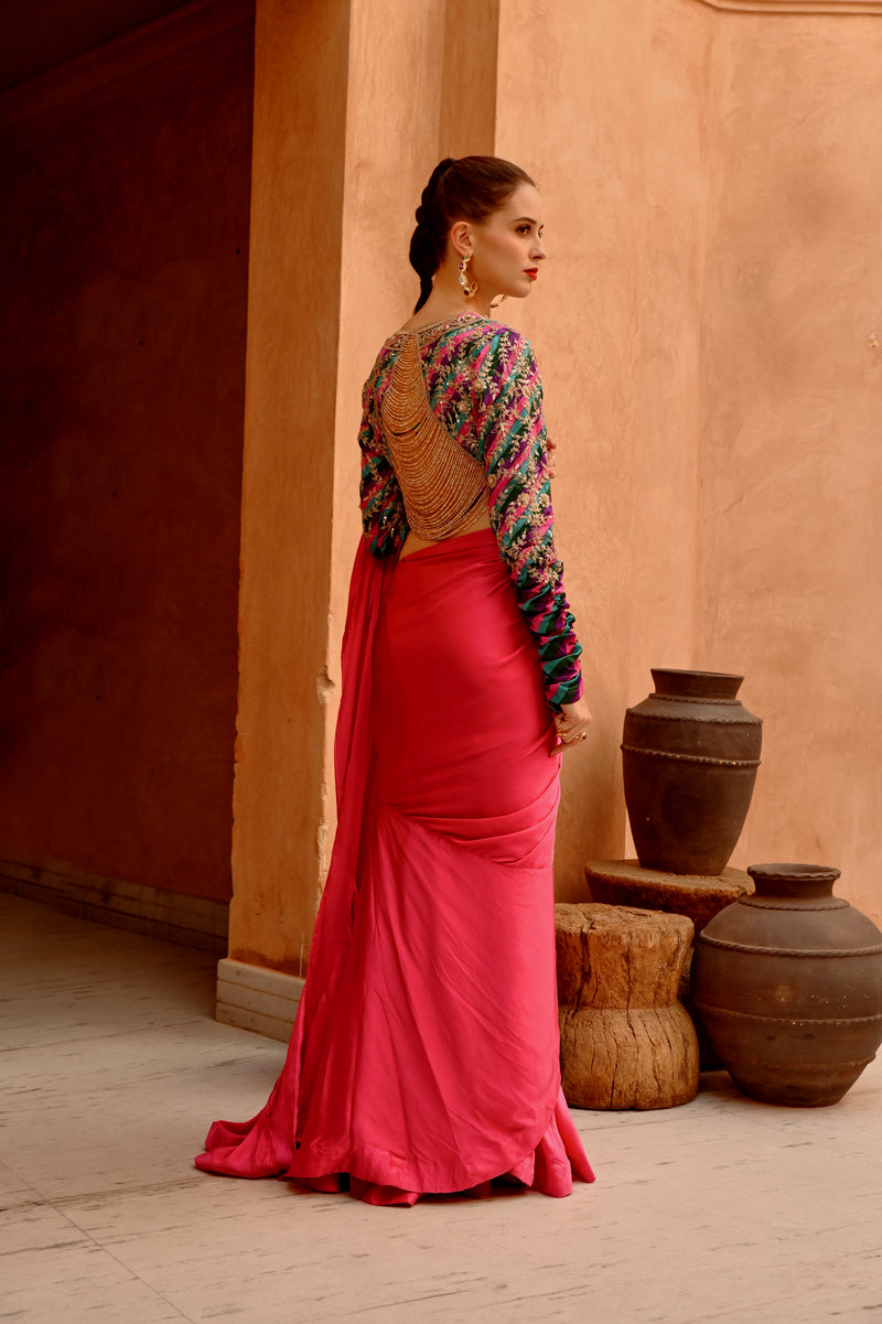 Hot Pink drape saree with 'QUEEN' blouse