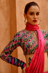Hot Pink drape saree with 'QUEEN' blouse