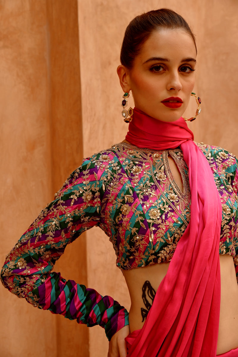 Hot Pink drape saree with 'QUEEN' blouse