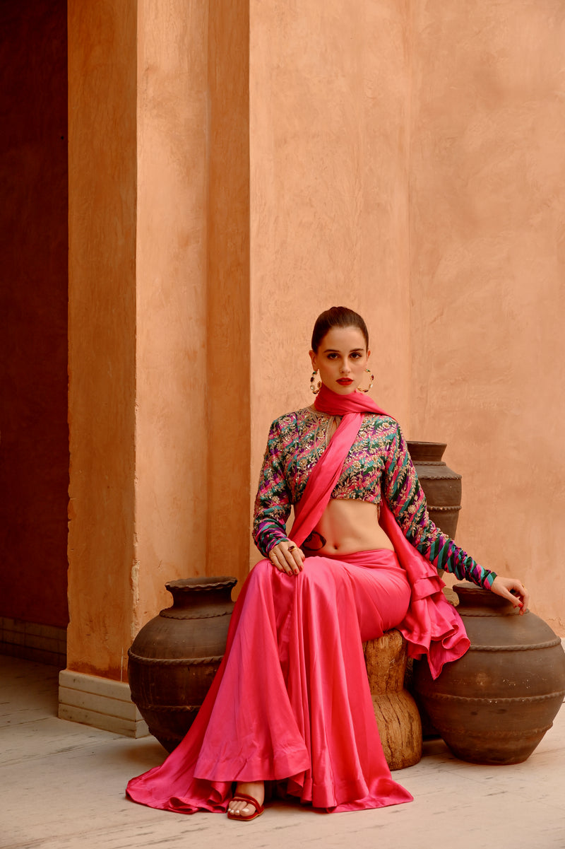 Hot Pink drape saree with 'QUEEN' blouse