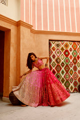 Hot pink Ombre 'QUEEN' lehenga with blouse and cape set