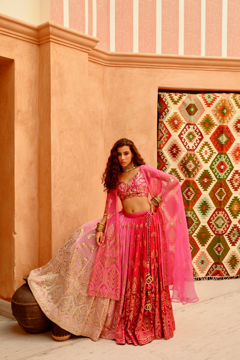 Hot pink Ombre 'QUEEN' lehenga with blouse and cape set