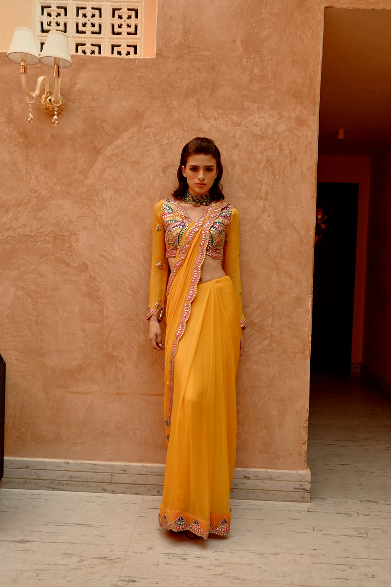 Mango yellow saree with pre-stitched palla and pleats  with bejewelled jaal full sleeve blouse