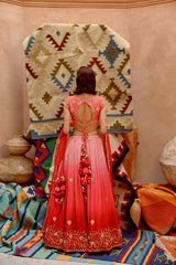 Red and coral ombre ruched lehenga with blouse and dupatta