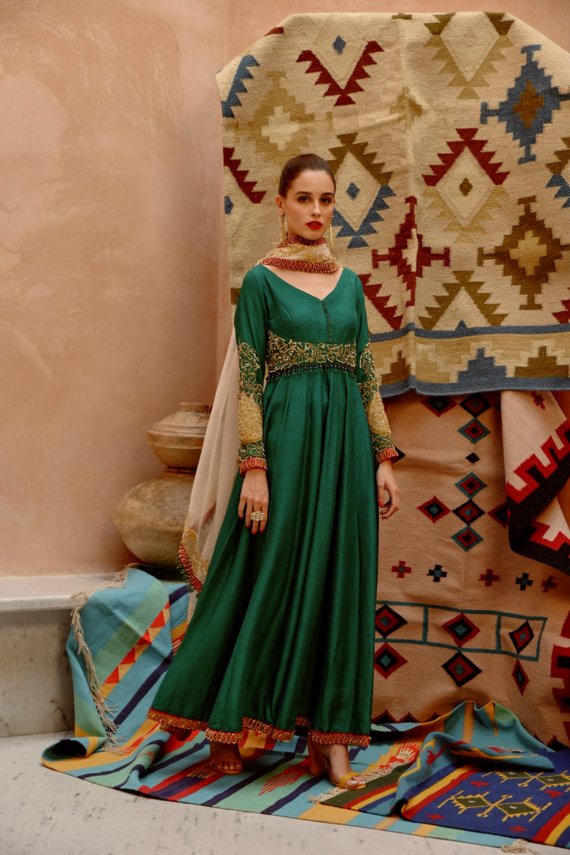Emerald Green anarkali, pants and dupatta set Pallavi Jaipur Emerald Green anarkali, pants and dupatta set Pallavi Jaipur