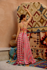 Hot pink indi-leheriya crop blazer with crop halter top and flaired skirt