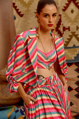 Hot pink indi-leheriya crop blazer with crop halter top and flaired skirt