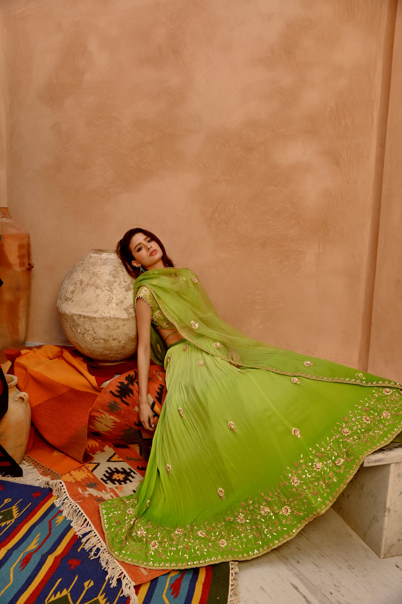 Lime green ombre ruched lehenga with blouse and dupatta