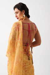 The alipore jhilmil saree set in butter yellow with phool gota blouse