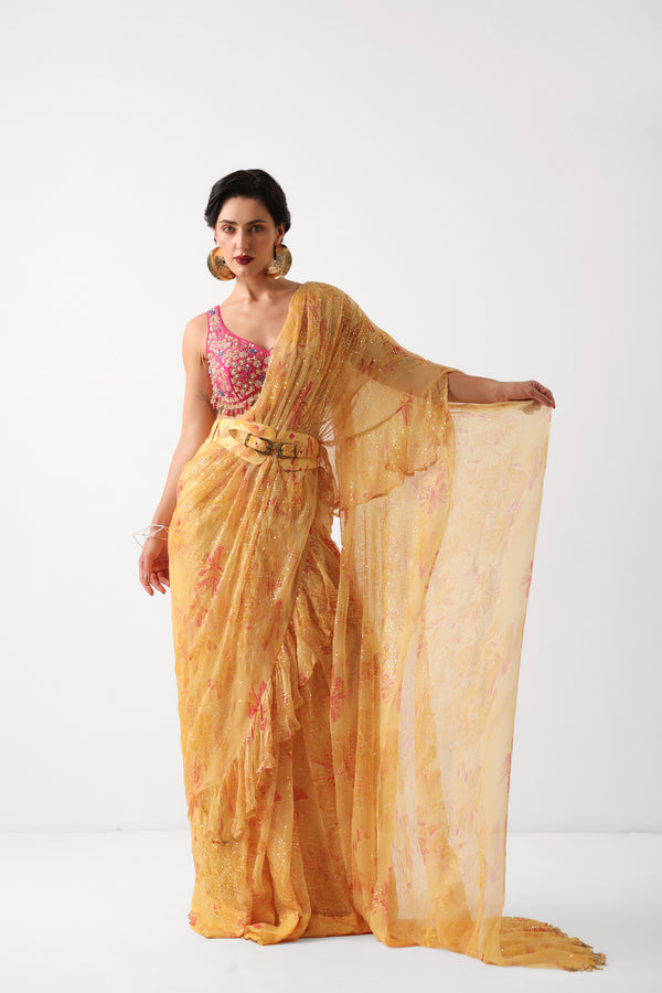 The alipore jhilmil saree set in butter yellow with phool gota blouse