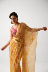 The alipore jhilmil saree set in butter yellow with phool gota blouse