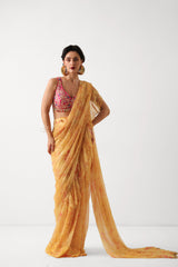 The alipore jhilmil saree set in butter yellow with phool gota blouse
