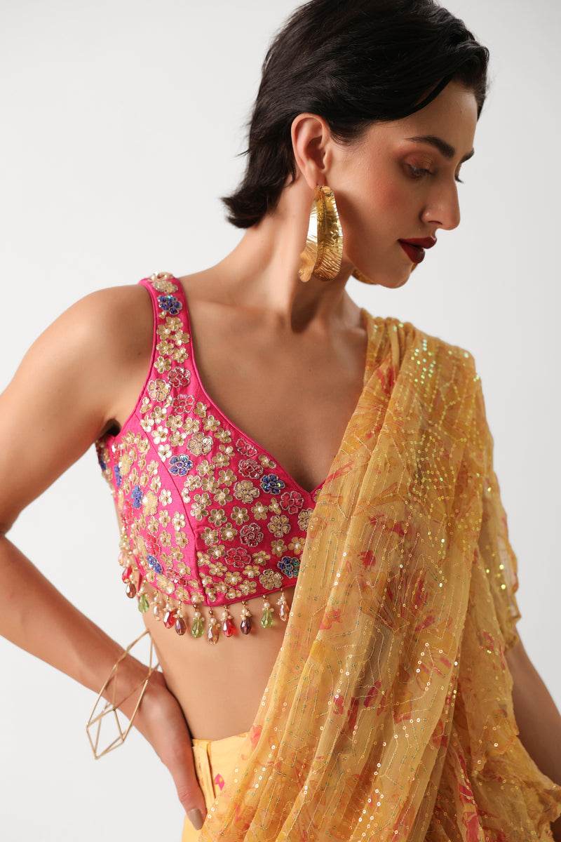 The alipore jhilmil saree set in butter yellow with phool gota blouse