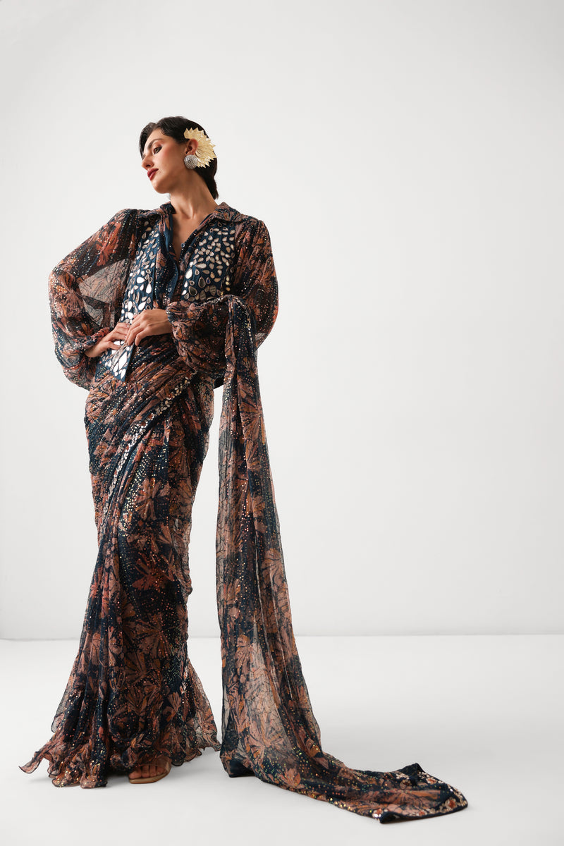 The prussian blue Sheesha Koti Saree