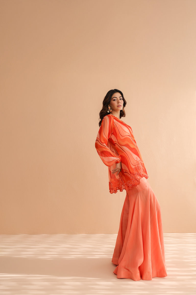 Tequila sunrise tunic with exaggerated bell-bottoms