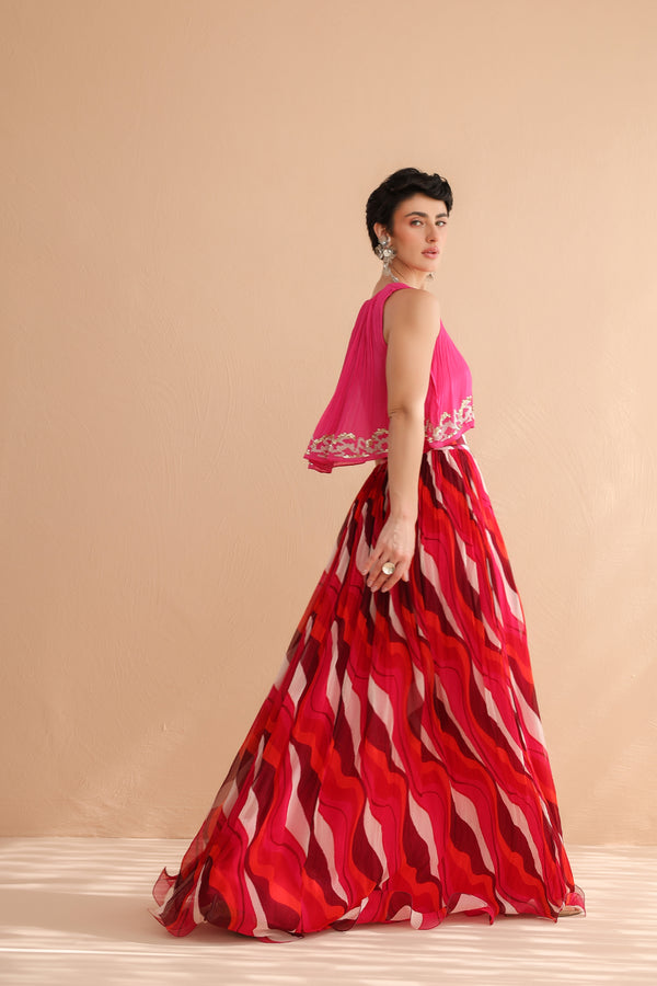 Fuchsia Collar Boho Top with  Lehar Print Skirt Set