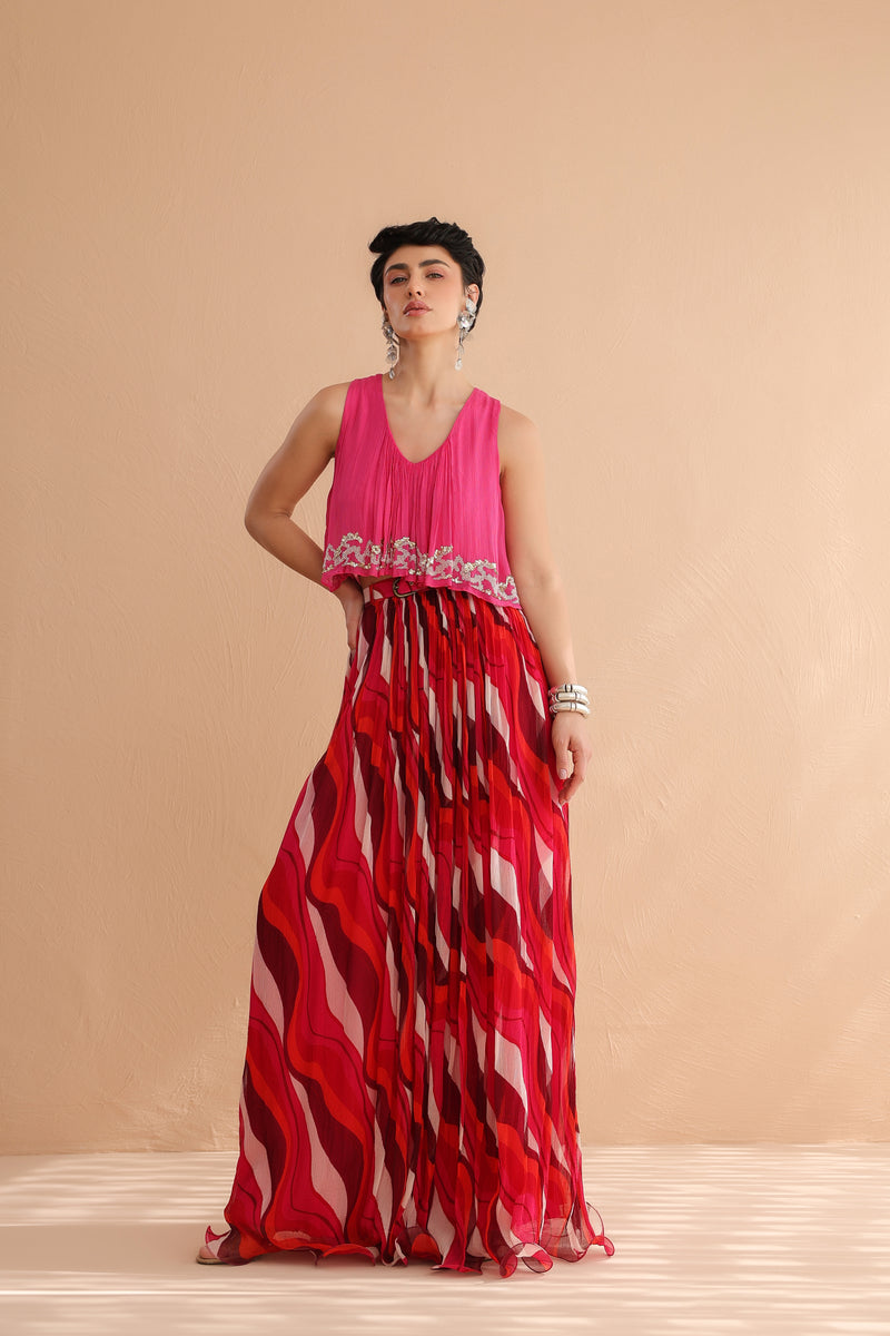 Fuchsia Collar Boho Top with  Lehar Print Skirt Set