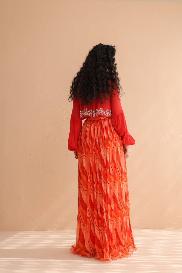 Coral Collar Boho Top with  Lehar Print Skirt Set