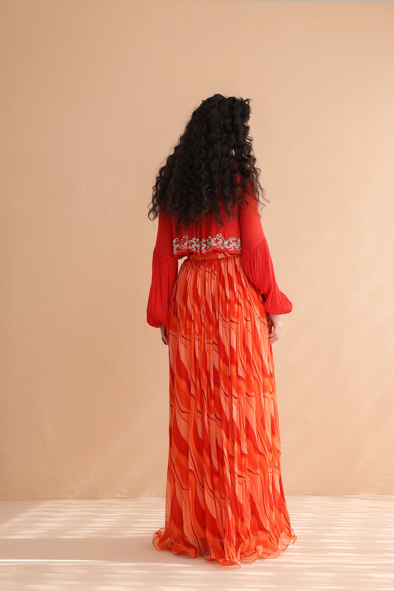 Coral Collar Boho Top with  Lehar Print Skirt Set