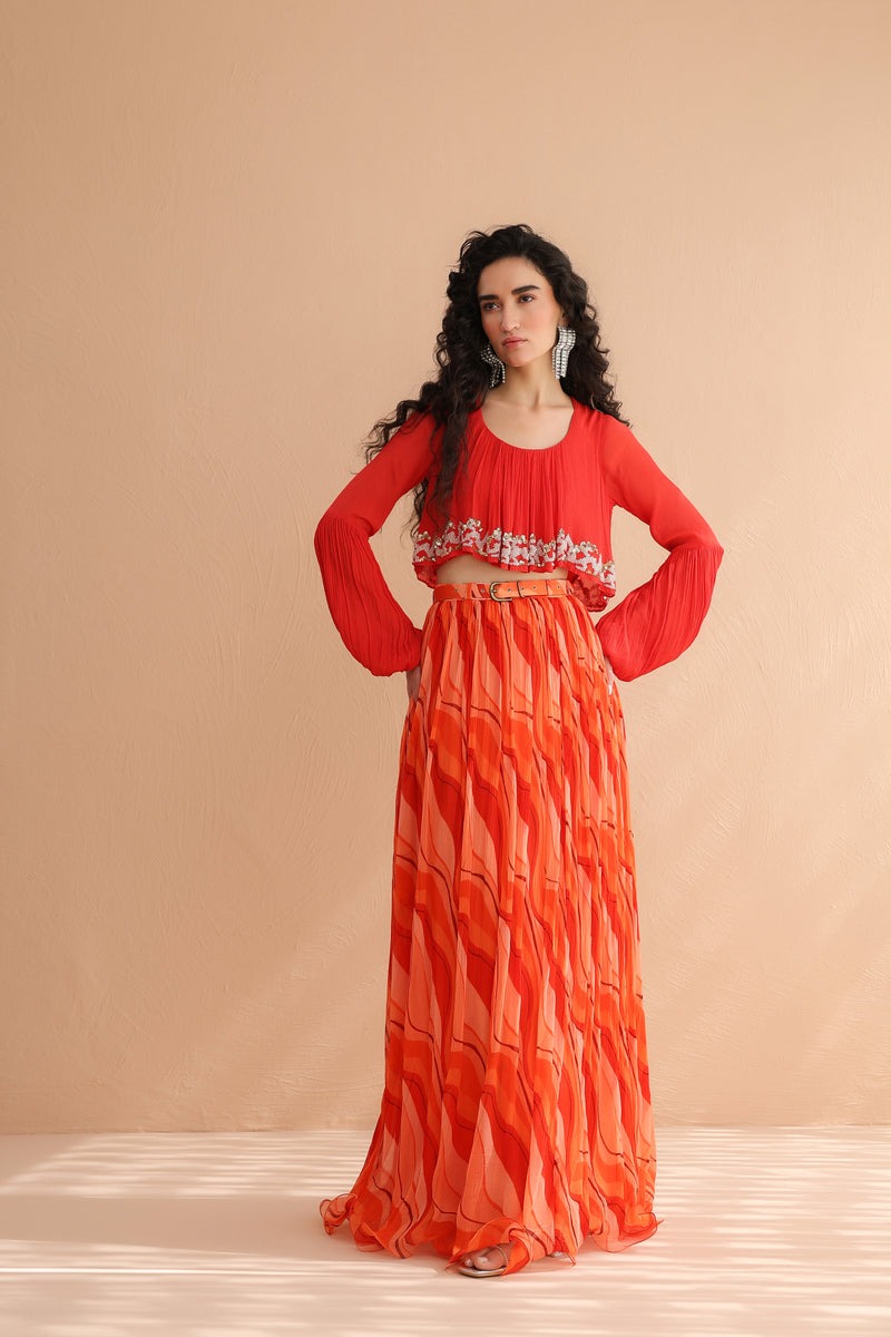 Coral Collar Boho Top with  Lehar Print Skirt Set