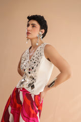 The Swagger Sheesha koti pant  set in ivory & fushcia lehar