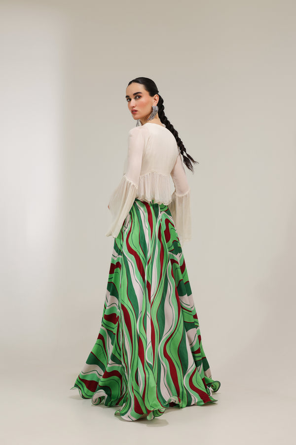 Ivory Sand Boho Top with Forest Green Lehar Print skirt set