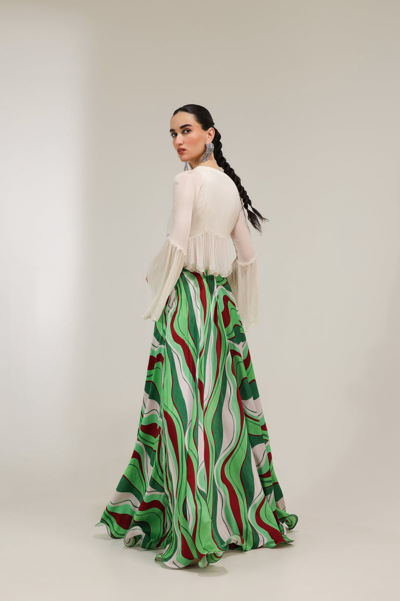 Ivory Sand Boho Top with Forest Green Lehar Print skirt set