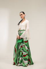 Ivory Sand Boho Top with Forest Green Lehar Print skirt set